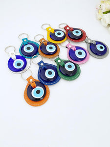Blue Evil Eye Keychain, Leather Keychain, Evil Eye Keyring, Turkish Evil Eye