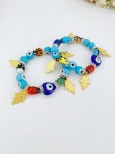 Evil Eye Bracelet, Turquoise Evil Eye Bead, Stretchable Bracelet, Gold Hamsa Charm