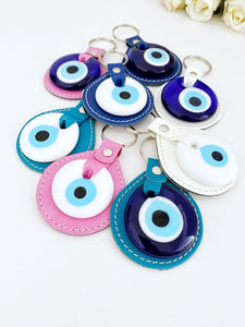 White Evil Eye Bead, Leather Evil Eye Keychain, Blue Evil Eye, Pink Blue Faux Leather
