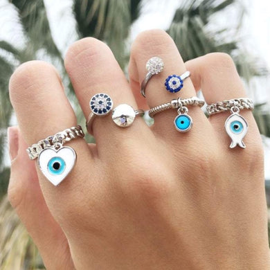 Adjustable Evil Eye Rings, Silver Rings, Zircon Charm Ring, Blue Evil Eye Bead