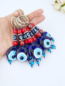 Blue Glass Evil Eye Keychain, Red Beads Keychain, Karma Protection
