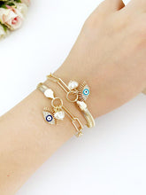 Evil Eye Bracelet, Gold Oval Link Chain Bracelet, Gold Snake Bracelet, Pearl Charm