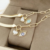 Evil Eye Bracelet, Gold Oval Link Chain Bracelet, Gold Snake Bracelet, Pearl Charm