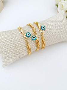 Blue Evil Eye Bracelet, Gold Chain Bracelet, Evil Eye Jewelry, Chunky Chain Bracelet