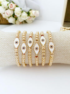 White Evil Eye Bracelet, Waterproof Bracelet, Gold Beaded Bracelet, Dorica Beads