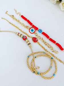 Red Evil Eye Bracelet set with red Evil Eye Pandora Charms, Red Heishi Bracelet