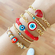 Red Evil Eye Bracelet set with red Evil Eye Pandora Charms, Red Heishi Bracelet