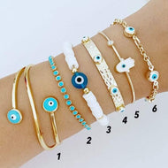Evil Eye Bracelet, Gold Wide Bangle Bracelet, White Heishi Beads Bracelet