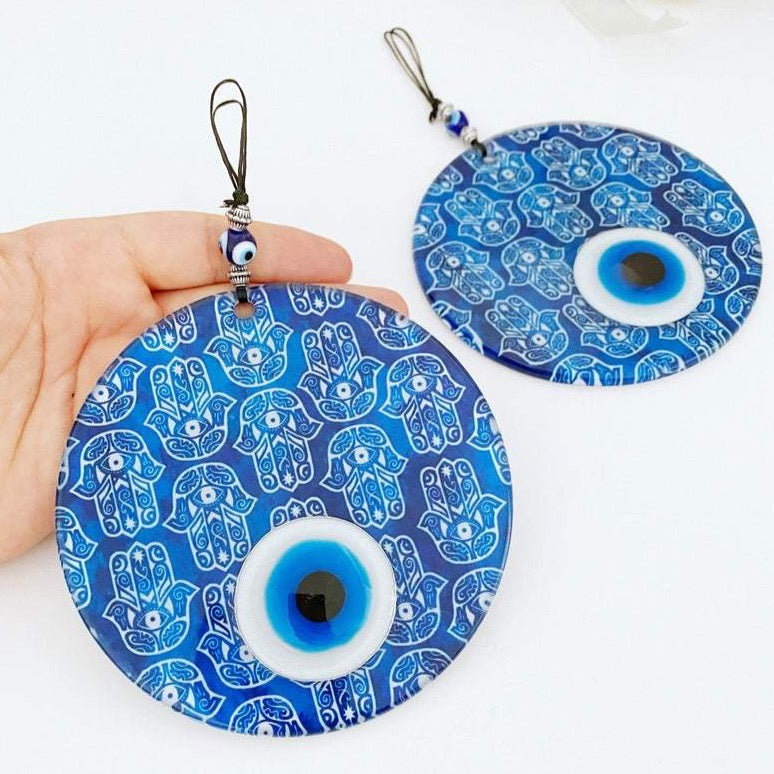 Hamsa Evil Eye Wall Hanging, Glass Evil Eye, Blue Hamsa Decor, Handmade