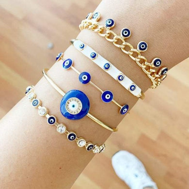 Blue Evil Eye Bracelet, Water Resistant Bracelet, Gold Evil Eye Chain Bracelet, Bangle