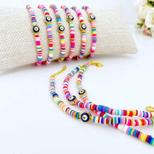 Evil Eye Bracelet, Rainbow Heishi Bracelet, Polymer Disc Bead, Beach Bracelet