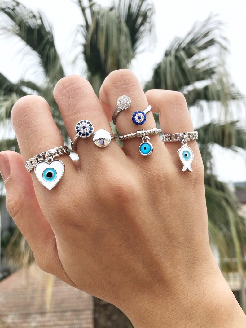Adjustable Evil Eye Rings, Silver Rings, Zircon Charm Ring, Blue