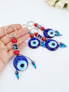 Blue Glass Evil Eye Keychain, Red Beads Keychain, Karma Protection