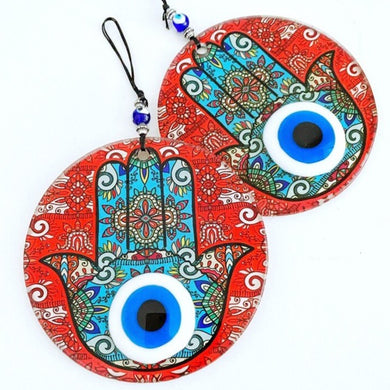 Hamsa Evil Eye Wall Hanging, Red Hamsa Hand Home Decor, Fused Glass