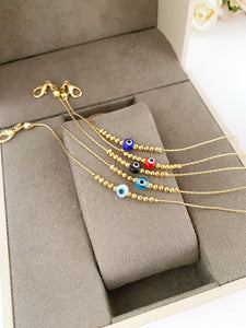 Tiny Gold Evil Eye Bracelet, Gold Beaded Bracelet, Blue Evil Eye Bracelet
