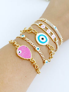 Evil Eye Bracelet Pink, Gold Chain Bracelet, Gold Cuff Bracelet, Christmas Gift