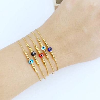 Tiny Gold Evil Eye Bracelet, Gold Beaded Bracelet, Blue Evil Eye Bracelet