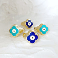 Gold Evil Eye Ring, Adjustable Clover Ring, Four Leaf Clover Charm Ring