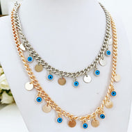 Evil Eye Necklace, Curb Cuban Chain Necklace, Silver Gold Necklace