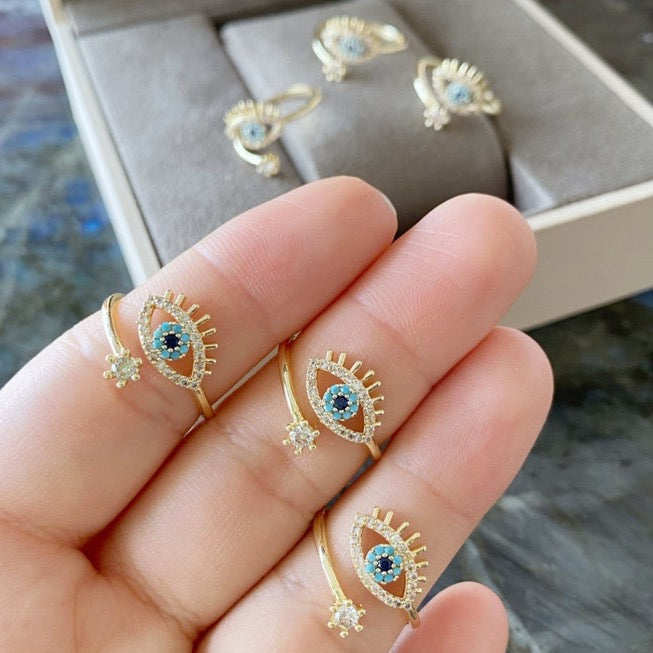 Gold Evil Eye Ring, Adjustable Evil Eye Ring, Nazar Evil Eye Ring, Crown