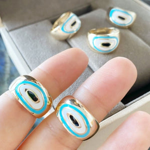 Gold Evil Eye Ring, Blue Evil Eye, Stacking Ring, Adjustable Ring, Large Evil Eye