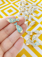 Gold Fish Charm Connector, Blue Evil Eye on Fish Charm, Luck Fish Beads