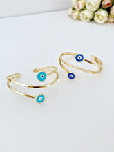 Blue Evil Eye Bracelet, Handmade Cuff Bracelet, Gold Bangle Bracelet