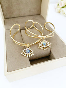 Gold Zircon Cuff Evil Eye Bracelet, Zircon Evil Eye Charm, Tarnish Free