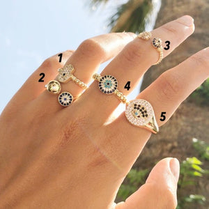 Gold Evil Eye Ring, Stacking Ring, Zircon Ring, Waterproof Ring, Hamsa