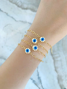 Evil Eye Bracelet, Glass Blue Evil Eye Bead, Gold Chain Bracelet, White Frame