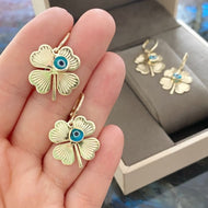 Gold Clover Earrings, Blue Evil Eye Beads, Evil eye Hoop Earrings, Lucky Charm