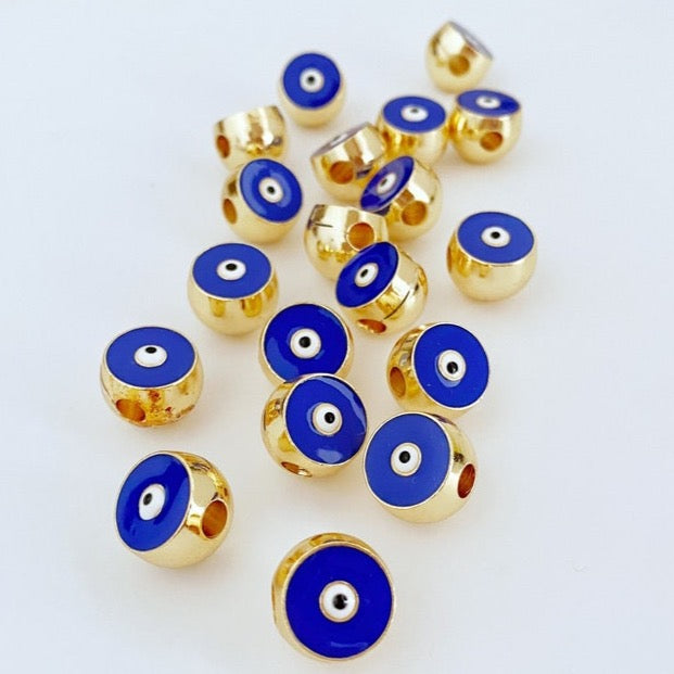 Round Blue Evil Eye Bead, Brass Evil Eye Spacer Bead, Blue Evil Eye Supply,