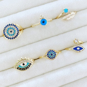 Blue Evil Eye Ring SET, Adjustable Gold Ring, Dainty Ring, Zircon Evil Eye Ring