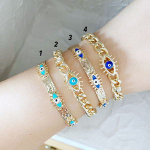 Evil Eye Cuff Bracelet, Gold Evil Eye Jewelry, Bangle Bracelet, Blue Turquoise Beads