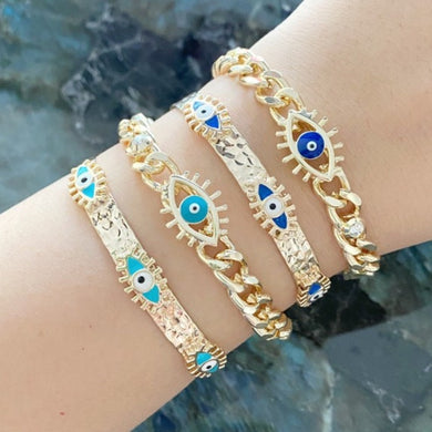 Evil Eye Cuff Bracelet, Gold Evil Eye Jewelry, Bangle Bracelet, Blue Turquoise Beads