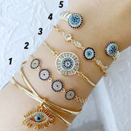 Gold Zircon Cuff Evil Eye Bracelet, Zircon Evil Eye Charm, Tarnish Free