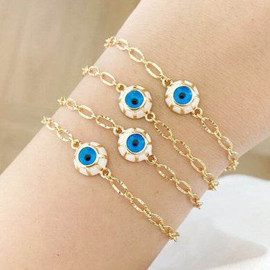 Evil Eye Bracelet, Glass Blue Evil Eye Bead, Gold Chain Bracelet, White Frame