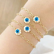 Evil Eye Bracelet, Glass Blue Evil Eye Bead, Gold Chain Bracelet, White Frame