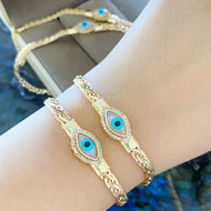 Gold Evil Eye Bracelet, Foxtail Chain Bracelet, MOP Charm Bracelet, Evil Eye