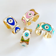 Evil Eye Band Ring, Gold Wide Band Ring, Evil Eye Ring, Protection Ring, Blue Pink - Evileyefavor