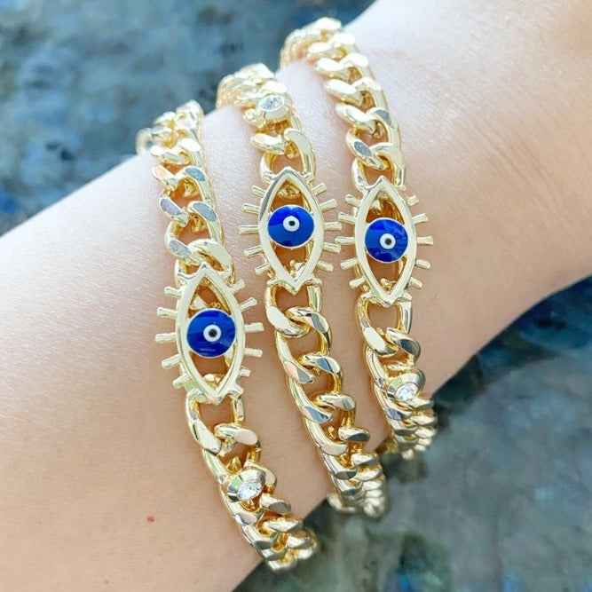 Blue Evil Eye Bracelet, Tarnish Resistant Bracelet, Gold Evil Eye Chain Bracelet