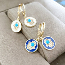 Hamsa Earrings, Blue White Hamsa Charm Earrings, Hamsa Gold Earrings