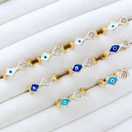 Dainty Evil Eye Rings, Adjustable Gold Rings, White Blue Evil Eye Rings, Tetragonal