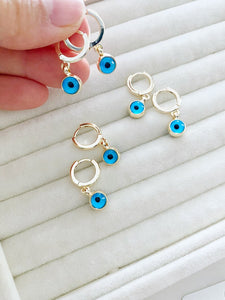 Gold Evil Eye Hoop Earrings, Blue Evil Eye Bead Earrings, Gold Earrings