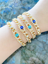 Gold Evil Eye Bracelet, Cuban Link Bracelet, Gold Link Chain Bracelet