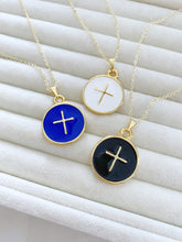 Gold Enamel Cross Necklace, Religious Necklace, Cross Pendant, Medallion Necklace