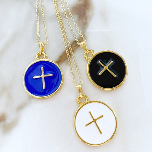 Gold Enamel Cross Necklace, Religious Necklace, Cross Pendant, Medallion Necklace