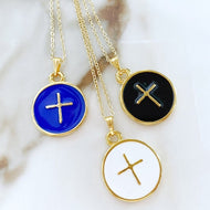 Gold Enamel Cross Necklace, Religious Necklace, Cross Pendant, Medallion Necklace