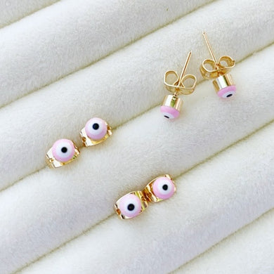 Pink Evil Eye Earrings, Gold Stud Earrings, Minimal Earrings