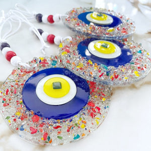 Evil Eye Greek Wall Hanging, Mosaic Glass Wall Hanging, Hand Crafted Fusion Decor